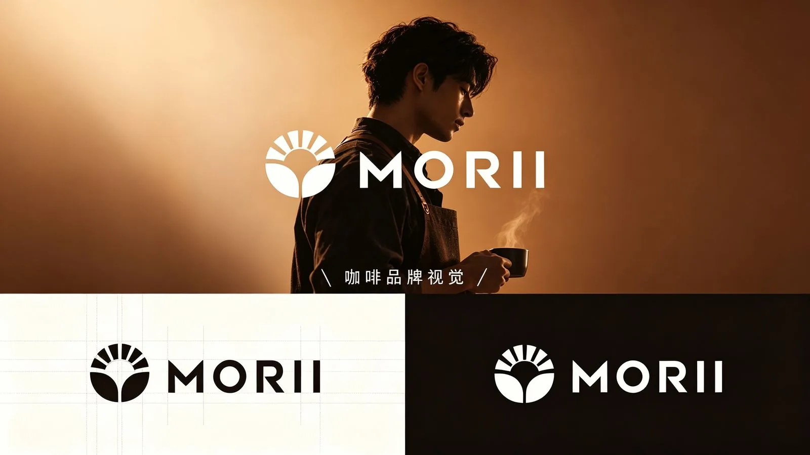 MORII 咖啡品牌主视觉，深棕背景白色标志与咖啡师剪影