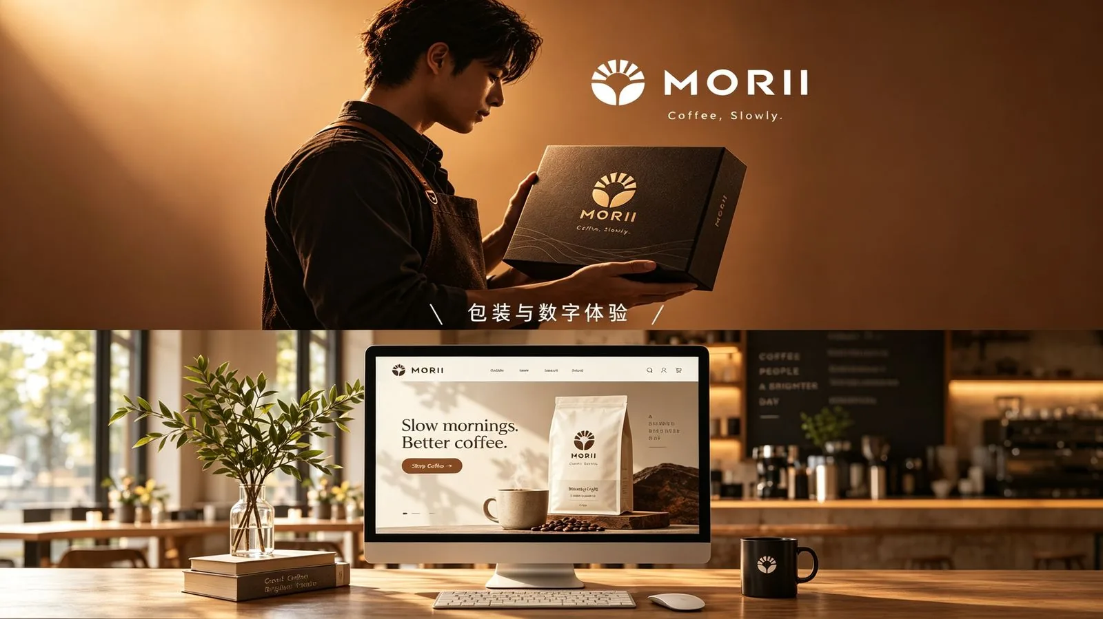 MORII 咖啡礼盒、咖啡豆袋包装与官网页面