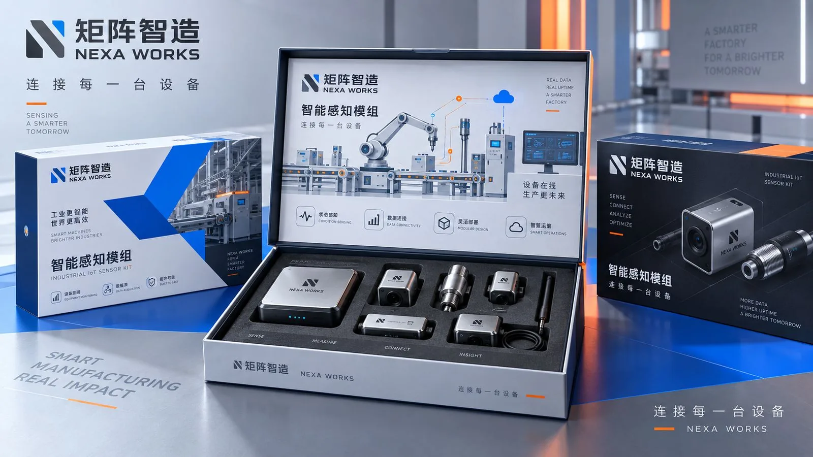 矩阵智造 NEXA WORKS 工业感知模组包装主视觉：礼盒、外箱与「连接每一台设备」