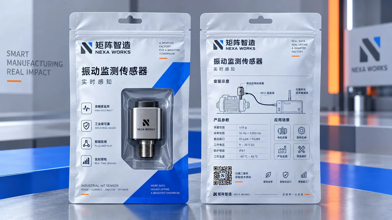 矩阵智造 NEXA WORKS 振动监测传感器单品包装正反面与产品参数、安装示意