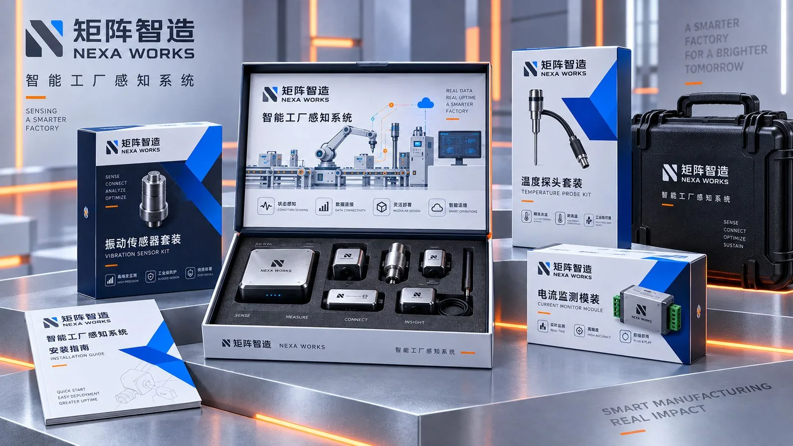矩阵智造 NEXA WORKS 产品包装家族：振动传感器套装、温度探头套装、电流监测模组与手提箱