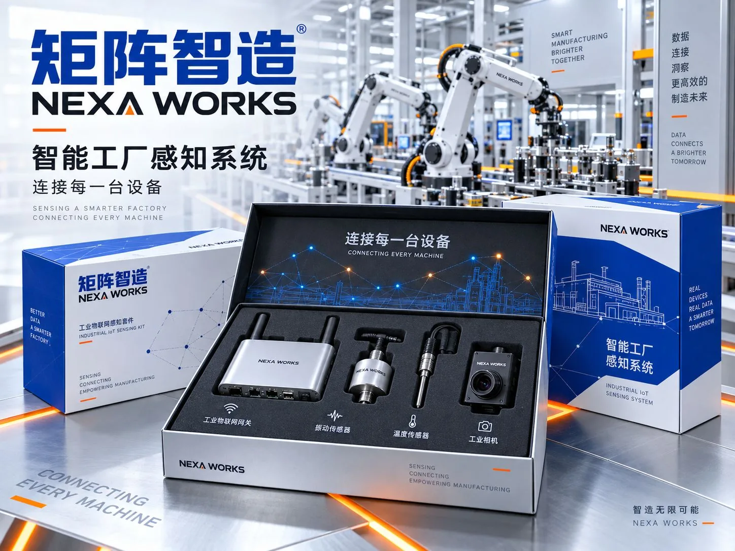 矩阵智造 NEXA WORKS 包装主图:智能工厂感知系统礼盒与网关、传感器、工业相机