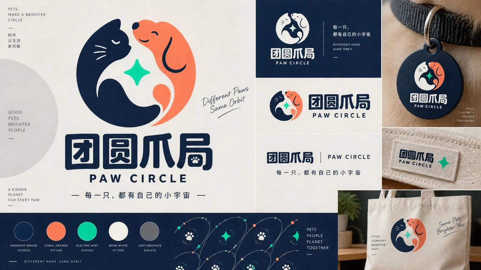 团圆爪局品牌识别：猫狗相拥圆形标志、品牌色卡与脖牌、织唛、帆布袋应用