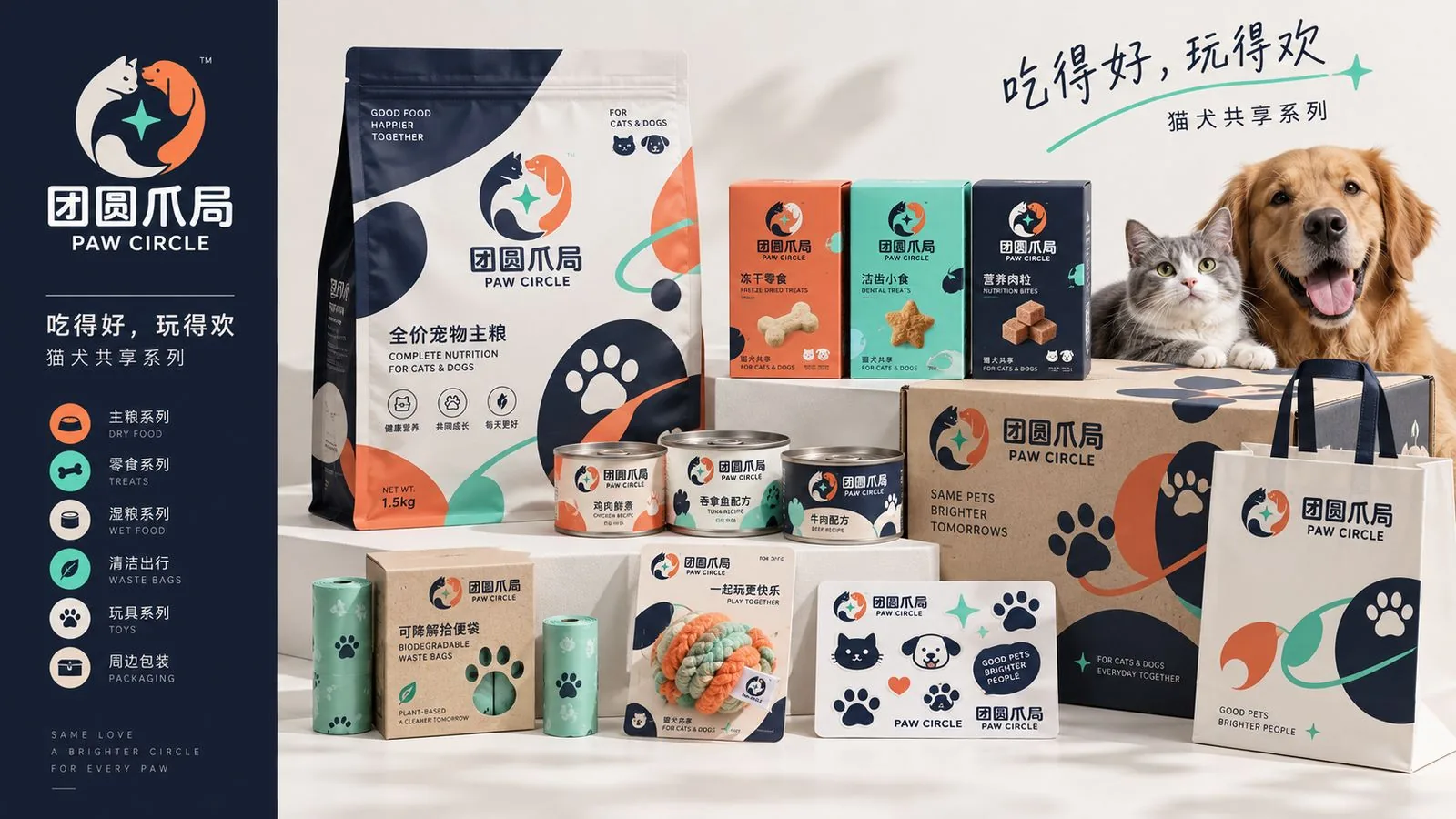 团圆爪局产品包装：全价主粮、冻干零食、湿粮罐、拾便袋与玩具系列