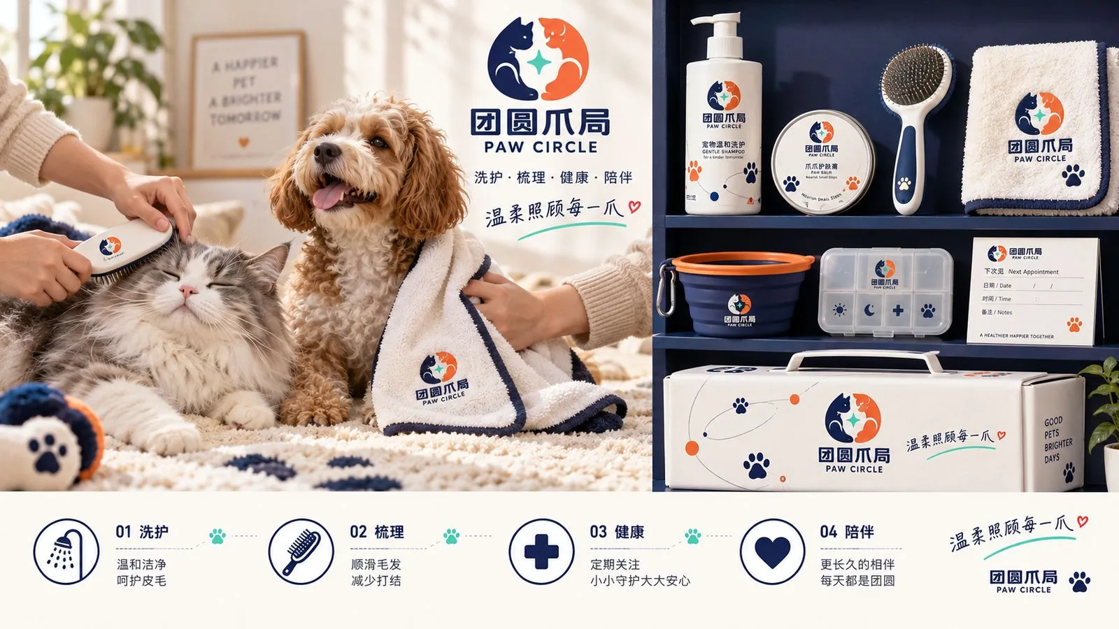 团圆爪局宠物洗护系统：洗护瓶、护毛霜、针梳、毛巾与健康记录卡