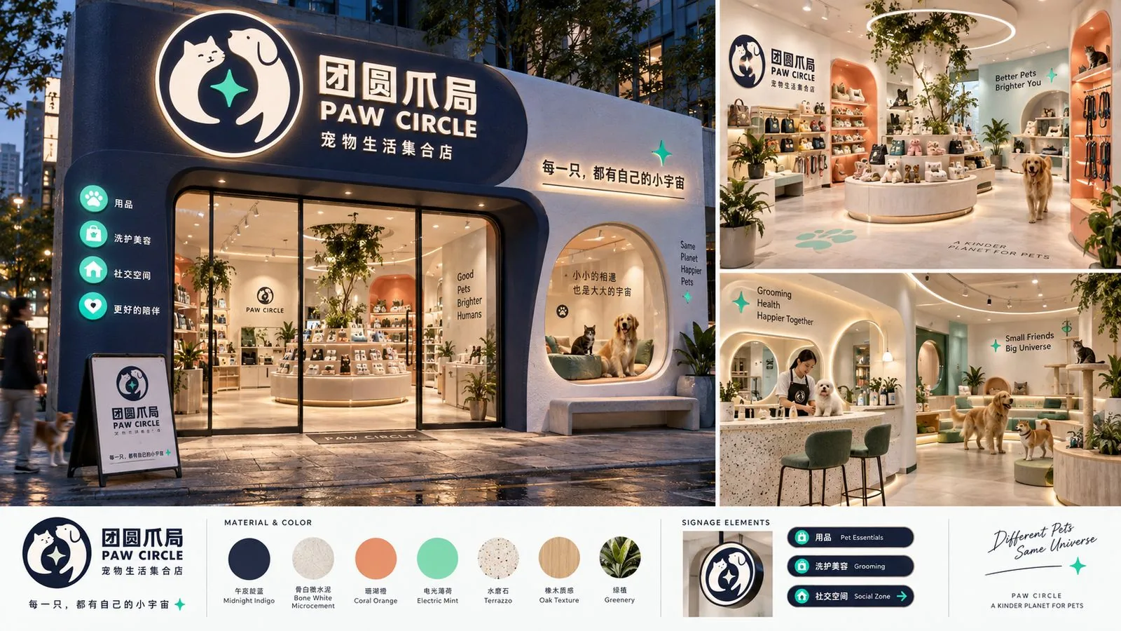 团圆爪局旗舰店门头、零售陈列、洗护区与材质色彩、导视规范
