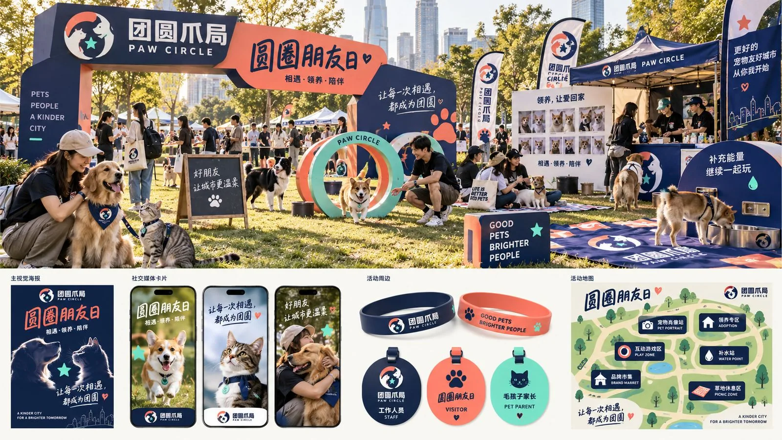 团圆爪局「圆圆朋友日」社区活动主视觉、社媒卡片、周边与活动地图