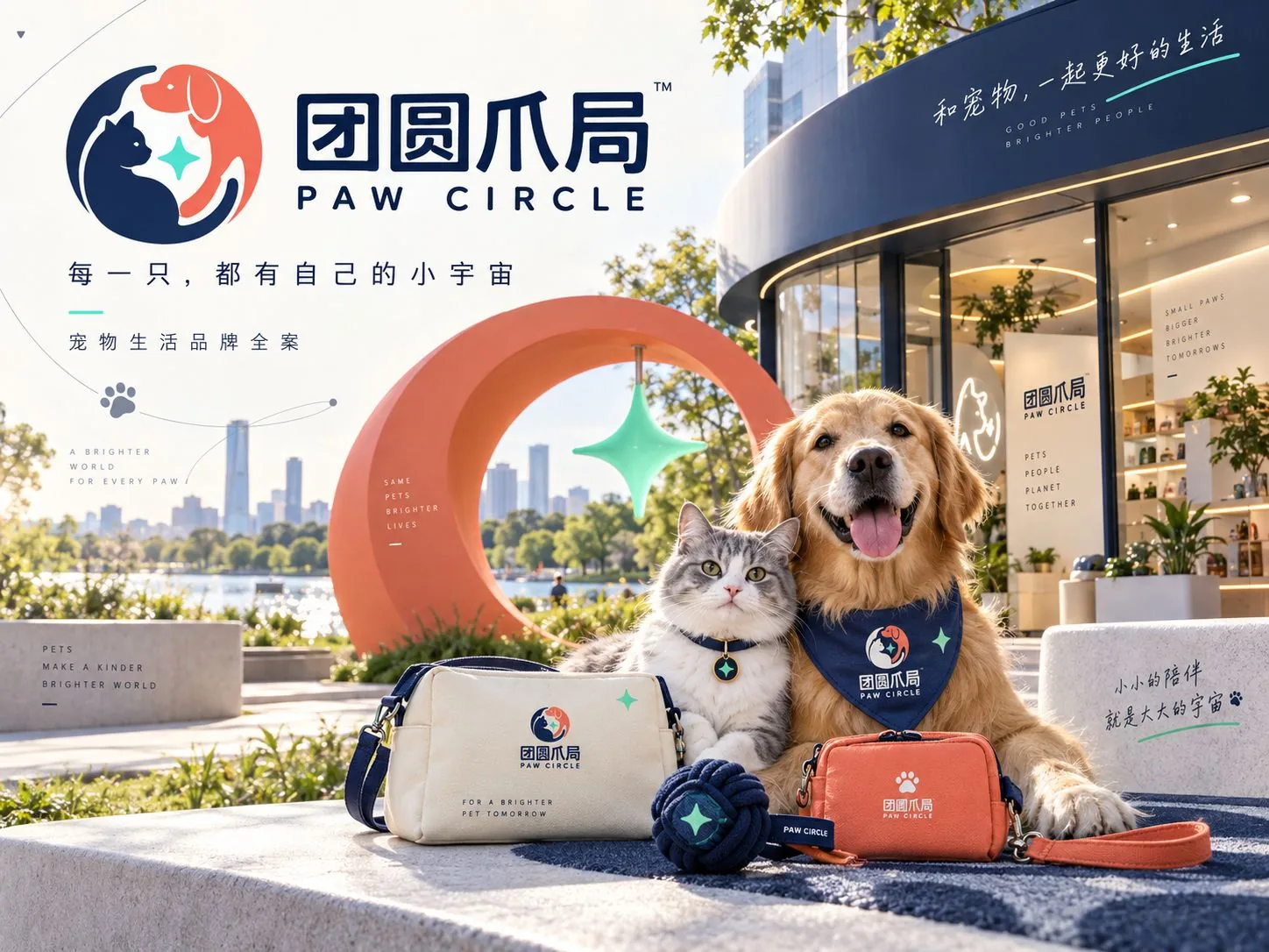 团圆爪局品牌主图:标志与门店外景、猫狗、帆布包与牵引绳包