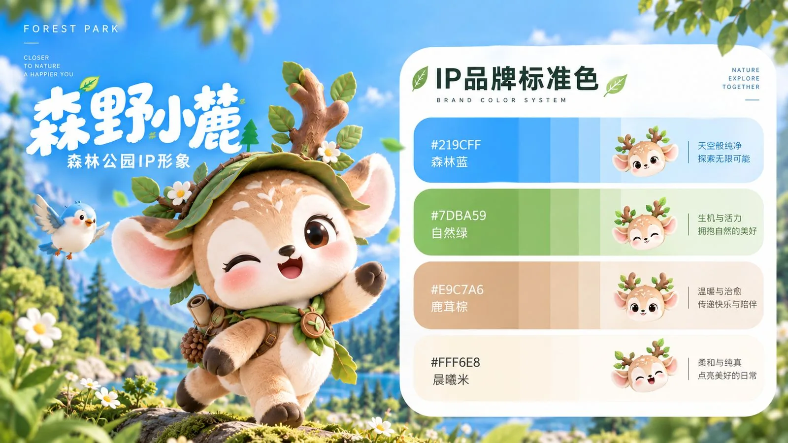 森野小鹿 IP 品牌标准色：森林蓝、自然绿、鹿茸棕、晨曦米四色色卡