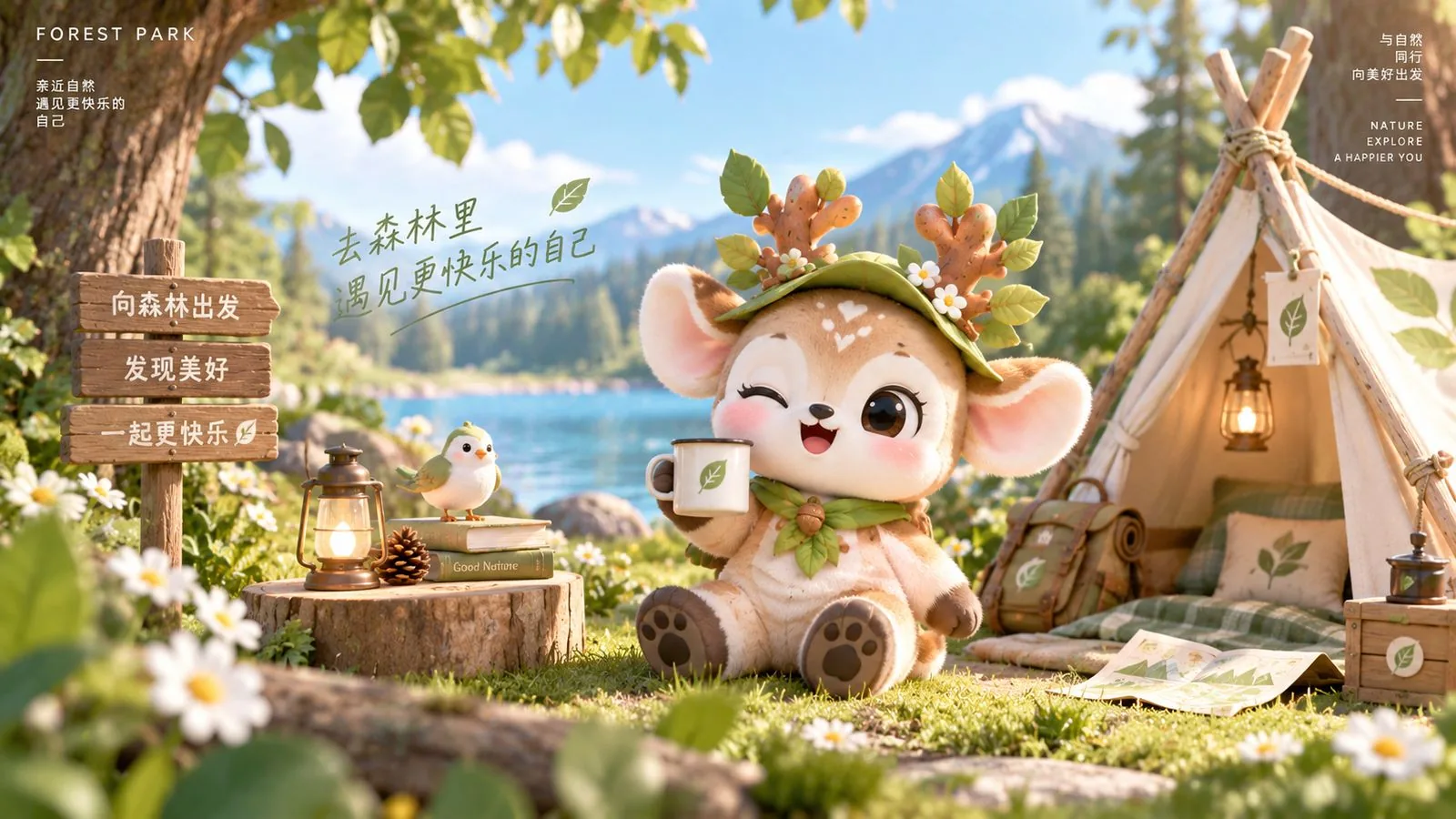 森野小鹿森林露营场景：IP 坐草地举杯，配帐篷与森林木牌