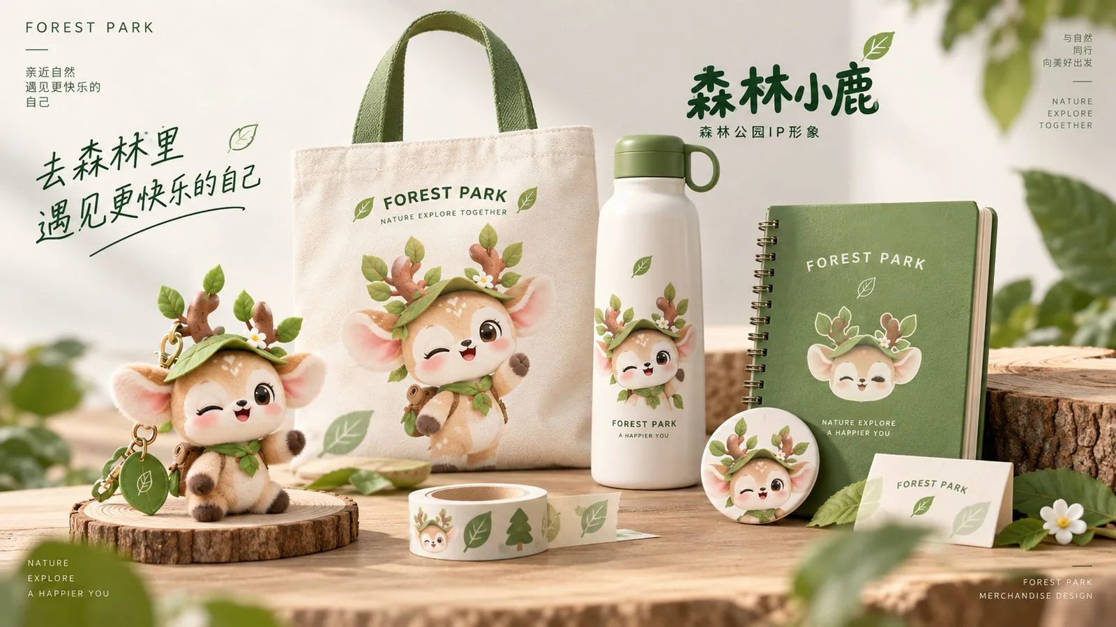 森野小鹿周边商品设计：帆布袋、保温杯、笔记本、徽章、胶带与毛绒公仔