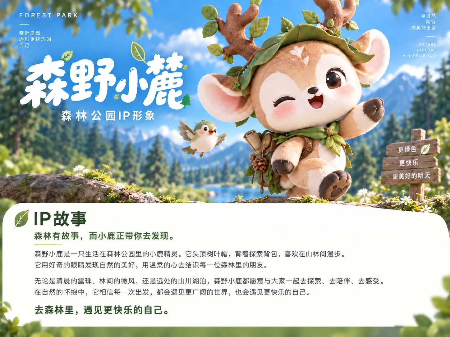 森野小鹿 IP 故事主视觉：小鹿跃动在山林间，配 IP 故事文字