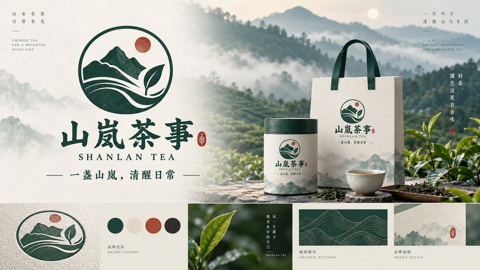 山岚茶事品牌识别：山形叶形圆形标志、品牌色彩卡与帆布袋、茶罐应用