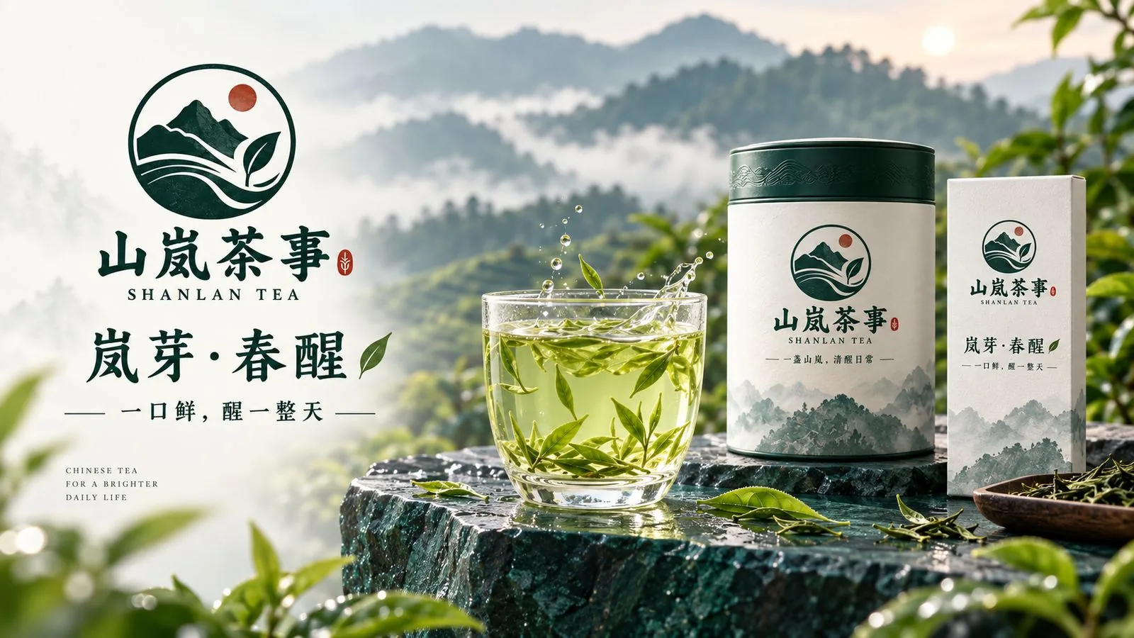 山岚茶事「岚芽·春醒」绿茶主视觉与茶杯、茶罐、产品盒