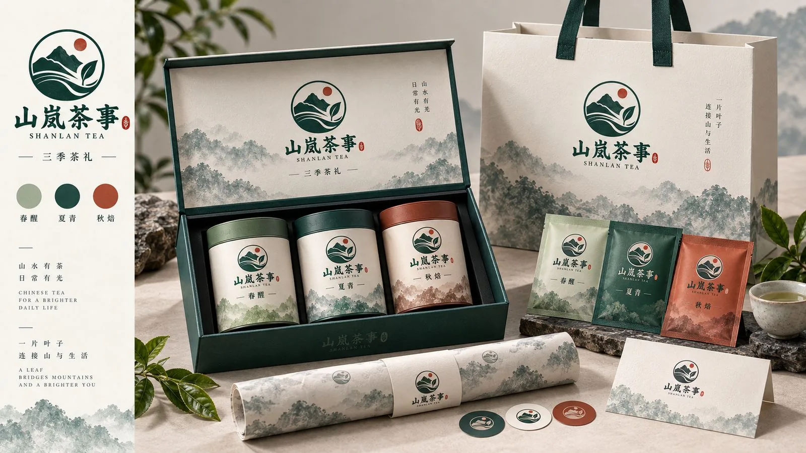 山岚茶事春醒、夏青、秋焙三季茶礼盒、手提袋与茶罐包装