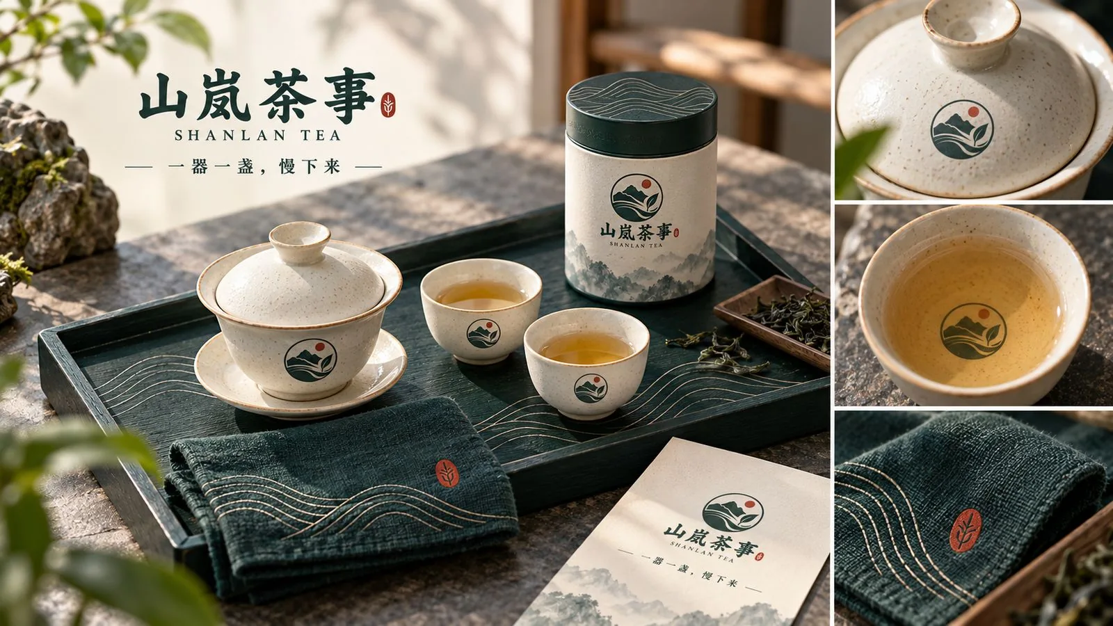 山岚茶事盖碗、茶杯、茶巾、茶盘与桌面茶器物料的标识应用