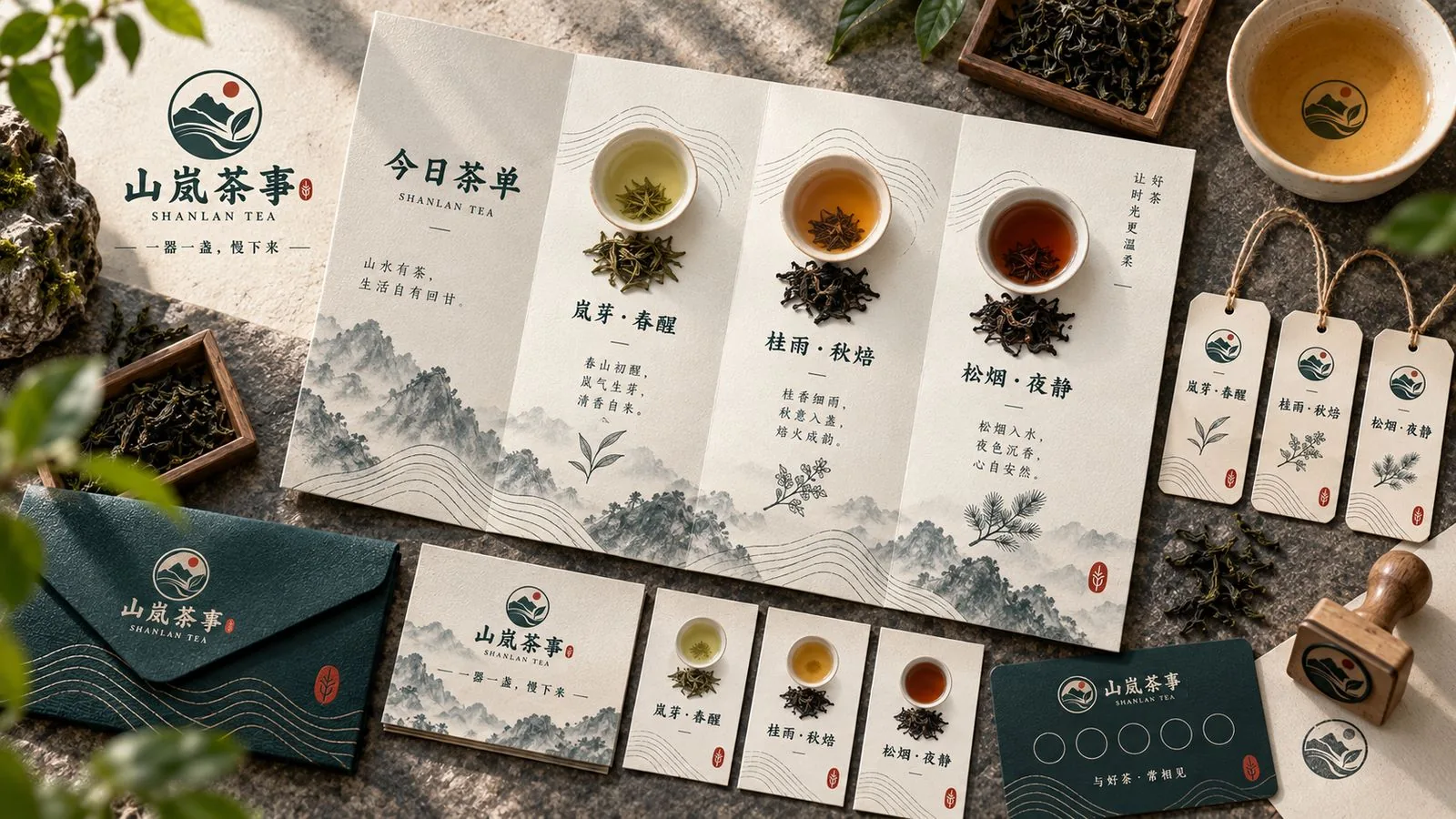 山岚茶事今日茶单、茶卡片、吊牌、信封与印章等印刷物料