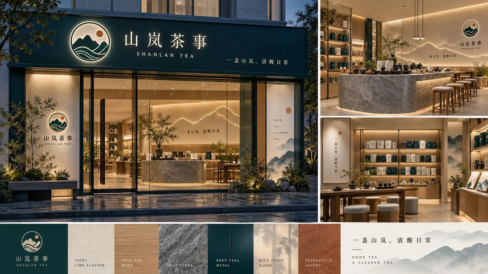 山岚茶事旗舰店门头、室内吧台、陈列货架与材质色彩规范