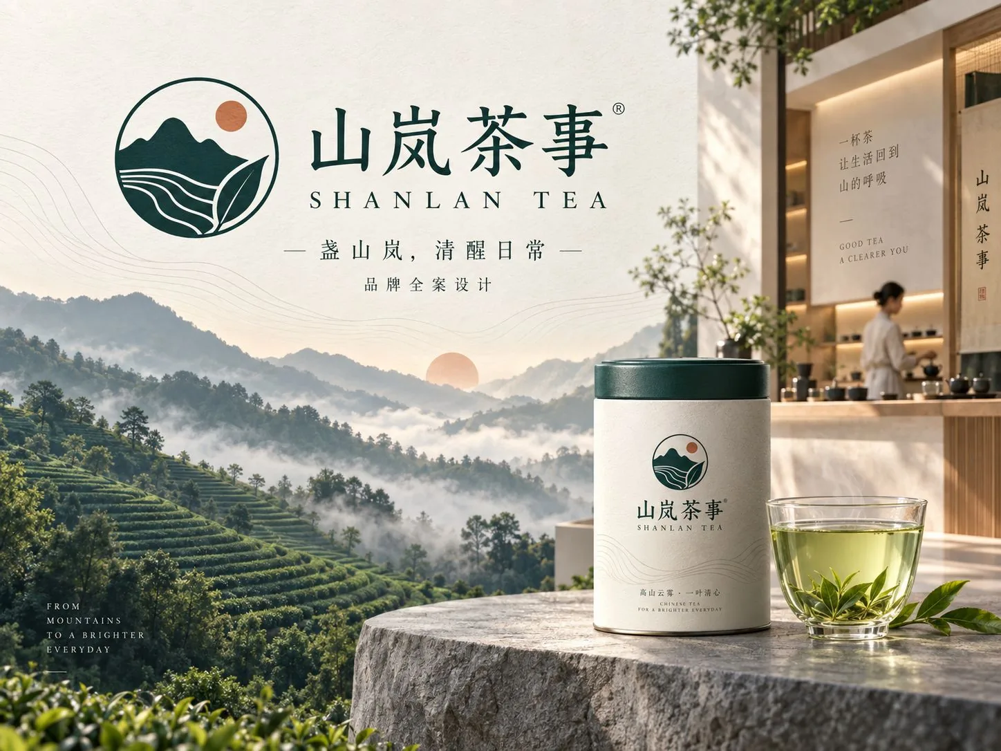 山岚茶事品牌主视觉：标志与云雾茶山、茶罐、门店场景