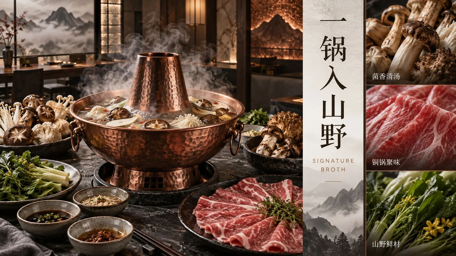 山雾铜锅·招牌铜锅汤底与菌菇食材