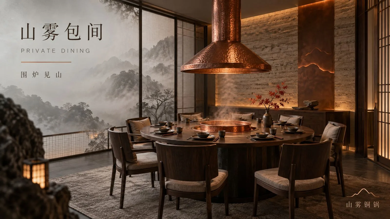 山雾铜锅·山雾包间圆桌与山水景窗