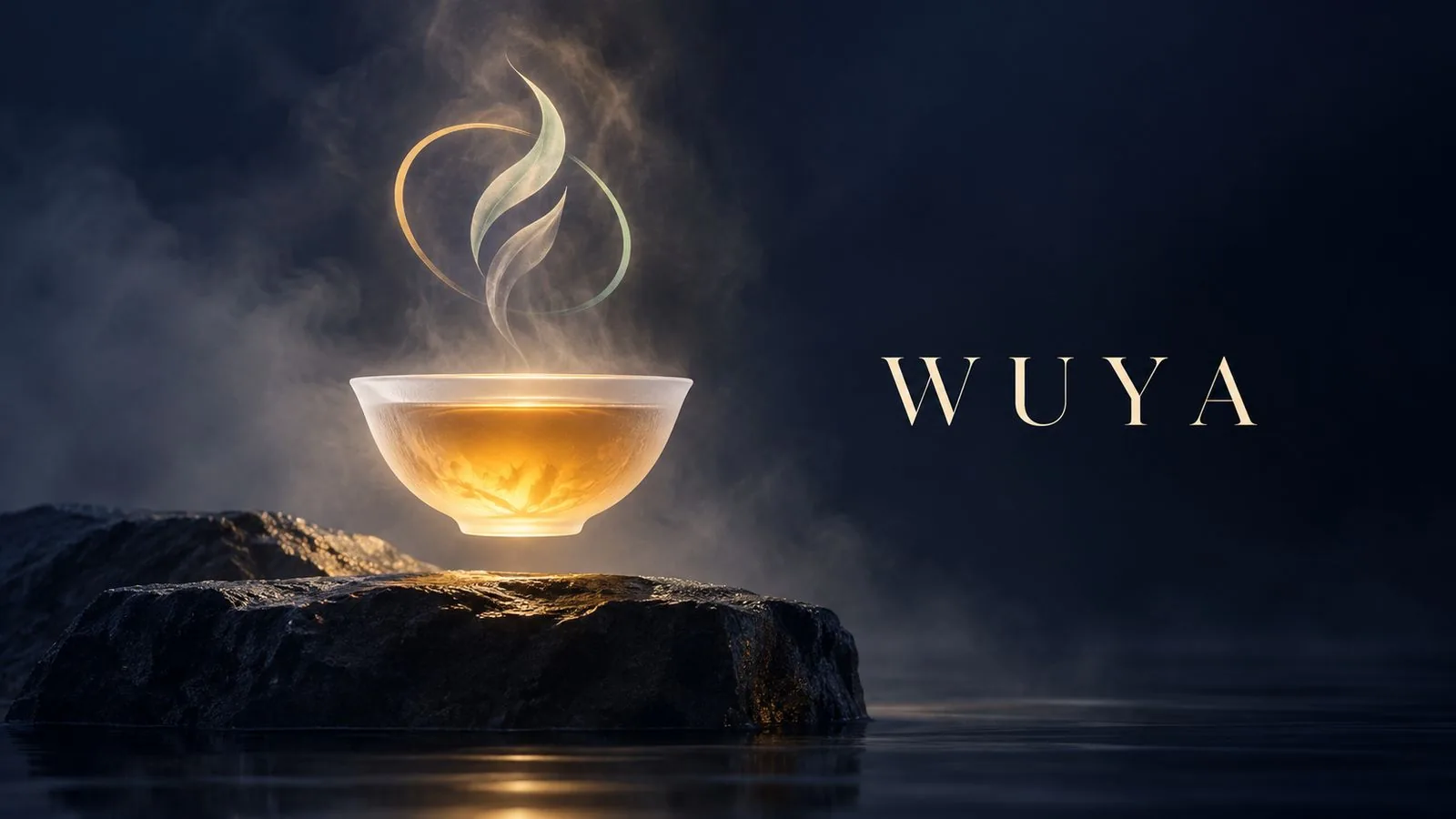 WUYA·高端东方茶品牌主视觉（暗调茶碗与叶形标志）