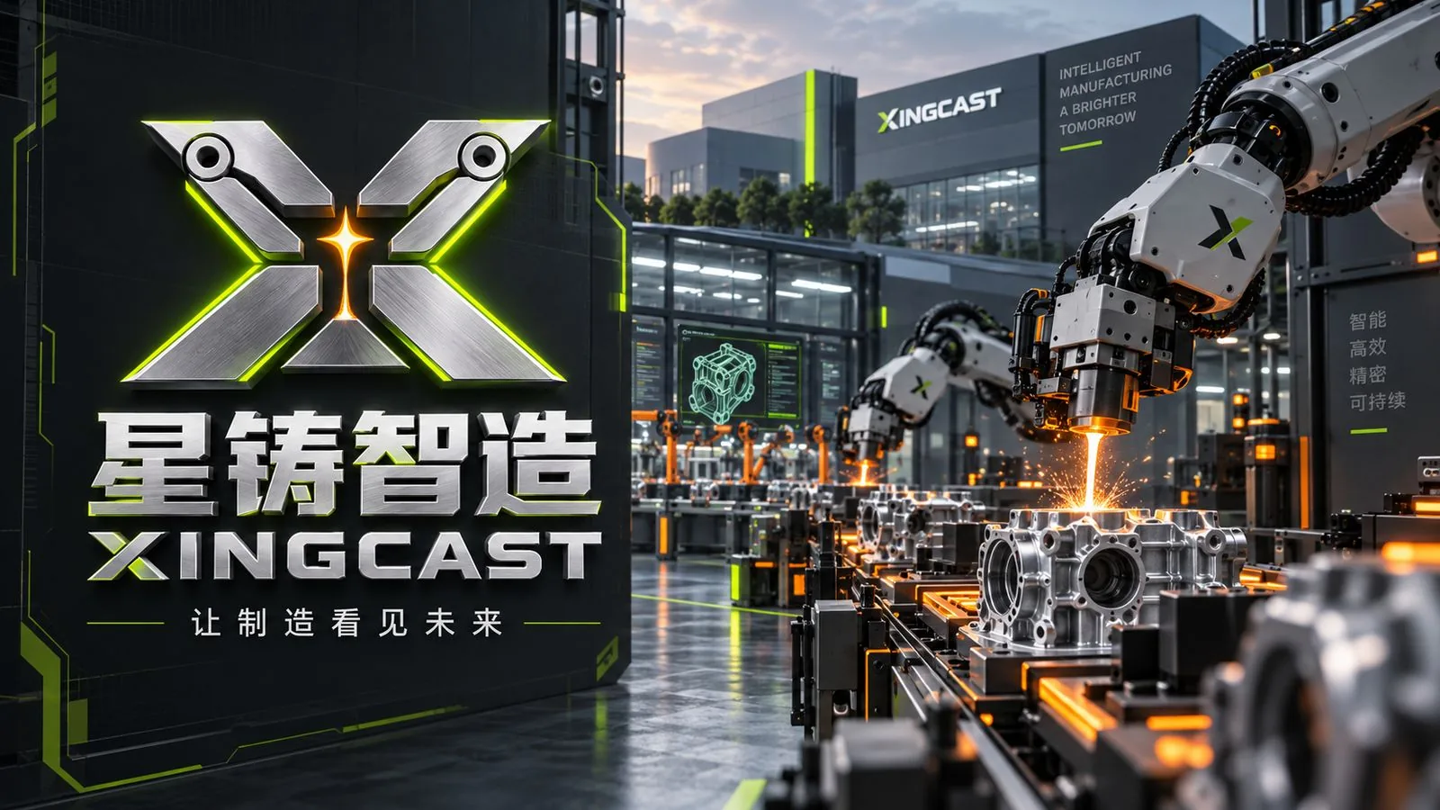星铸智造 XINGCAST 品牌主视觉，X 形标志与机器人工厂场景