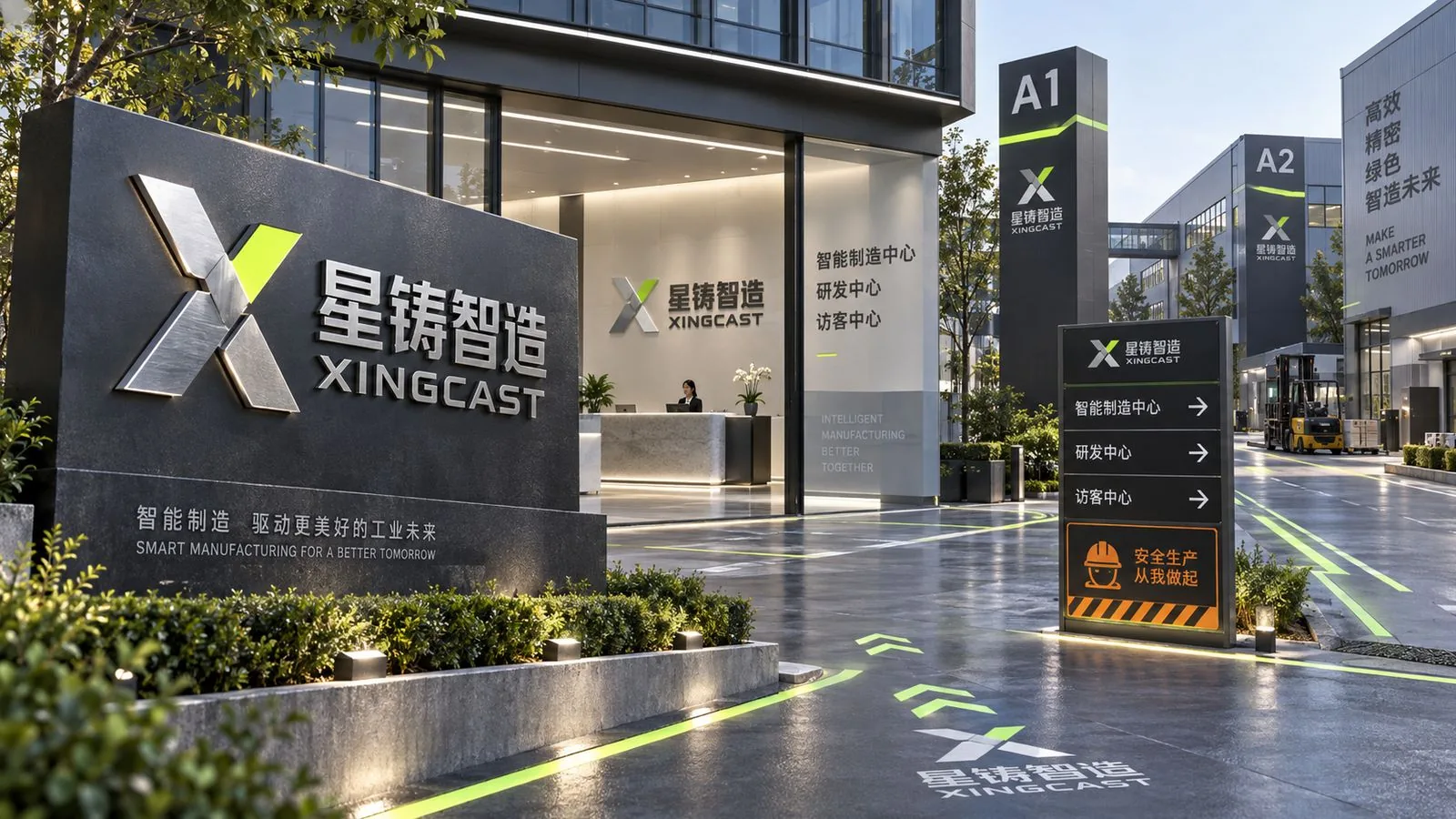 星铸智造园区导视标识，智能制造中心、研发中心、访客中心