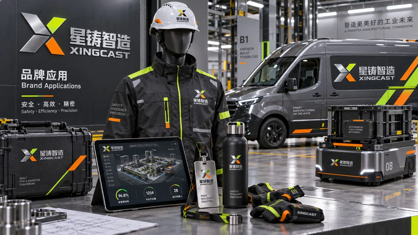 星铸智造品牌应用，工装、安全帽、工具箱与平板界面