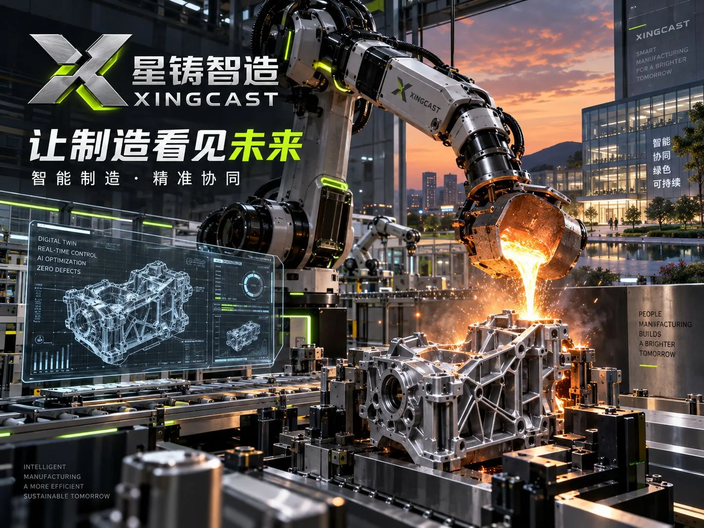 星铸智造铸造产线主视觉，机械臂浇铸与数字孪生界面