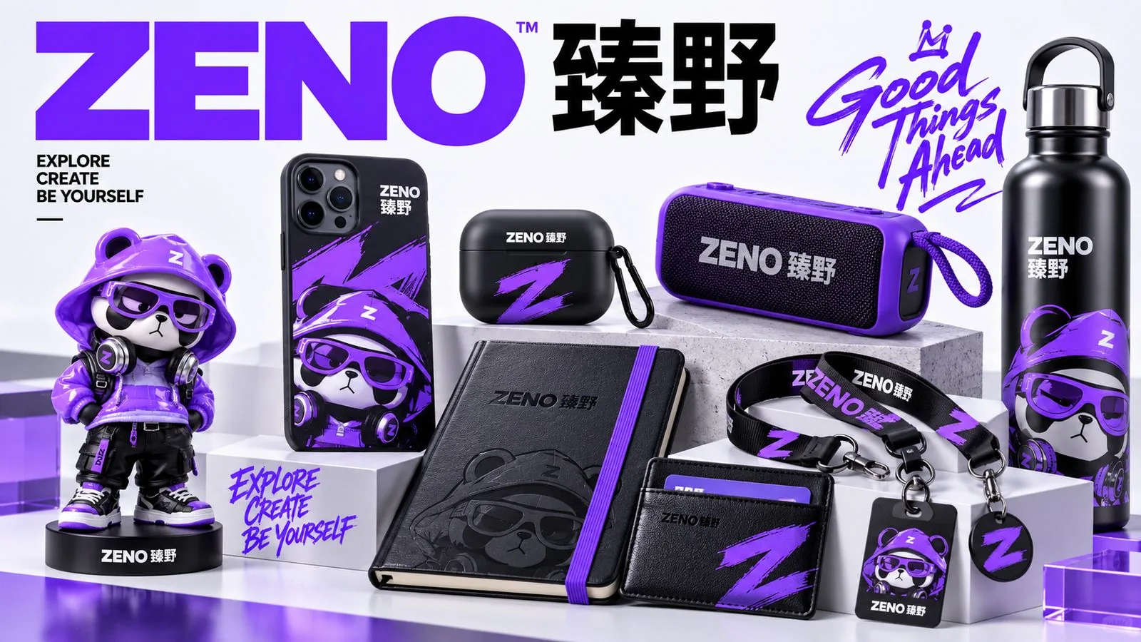 ZENO 臻野潮流周边产品线：手机壳、耳机盒、蓝牙音箱、保温杯、笔记本、卡包与熊猫 IP 公仔