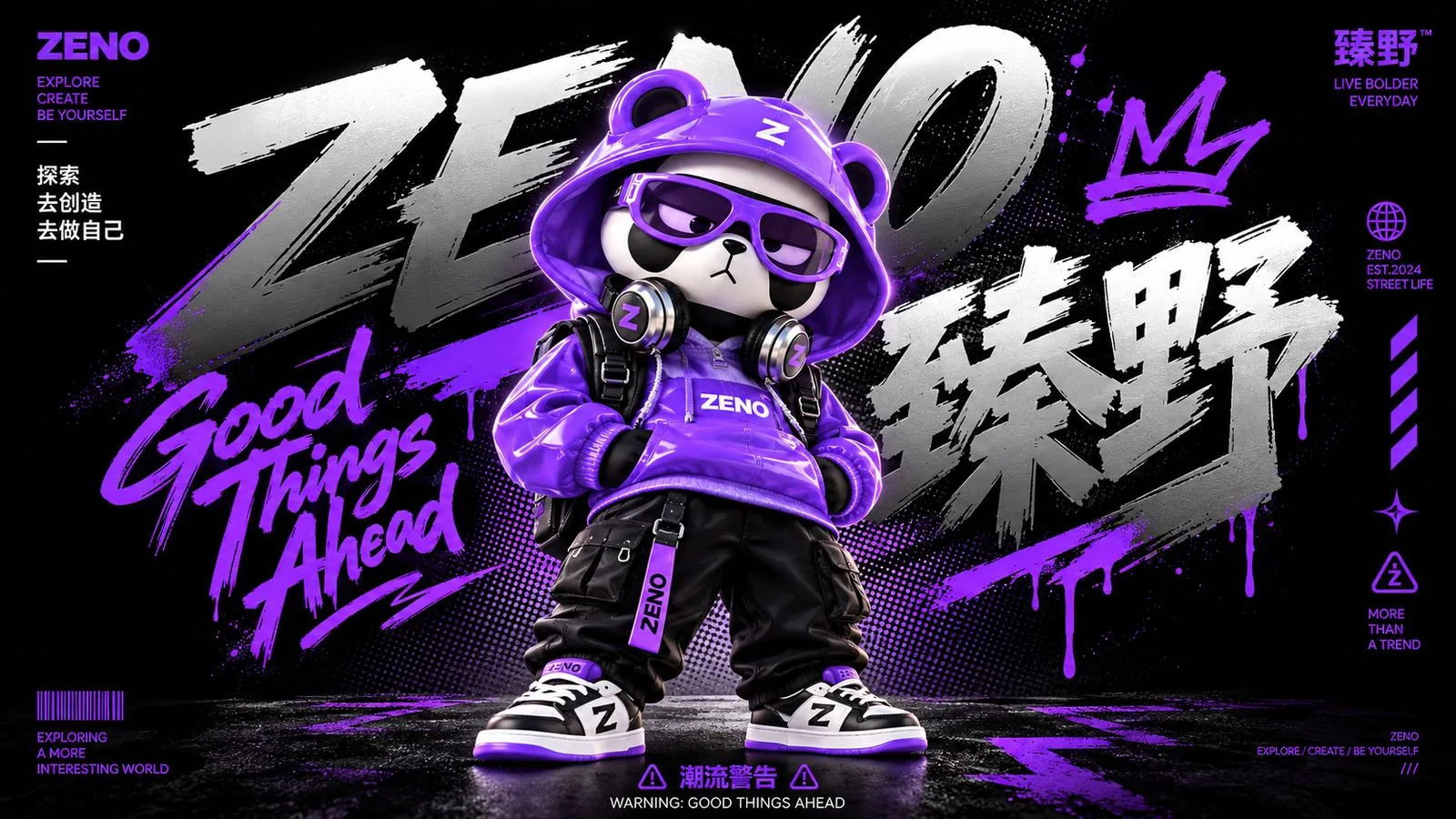 ZENO 臻野原创熊猫 IP 主形象，紫色卫衣、墨镜与耳机，背景为街头涂鸦「ZENO 臻野」