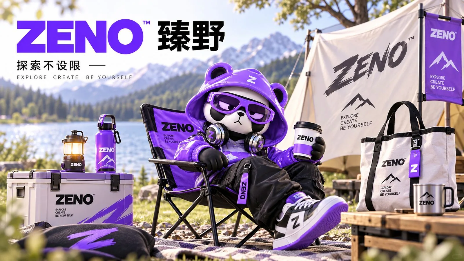 ZENO 臻野户外露营场景应用：熊猫 IP 坐折叠椅，配帐篷、收纳箱与保温杯