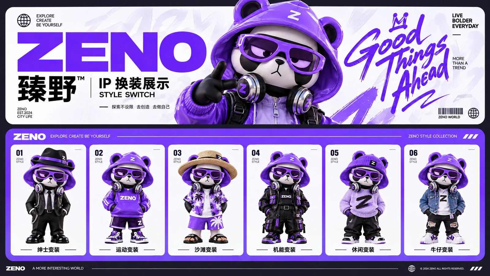 ZENO 臻野 IP 换装展示：绅士、运动、沙滩、机能、休闲、牛仔六款变装