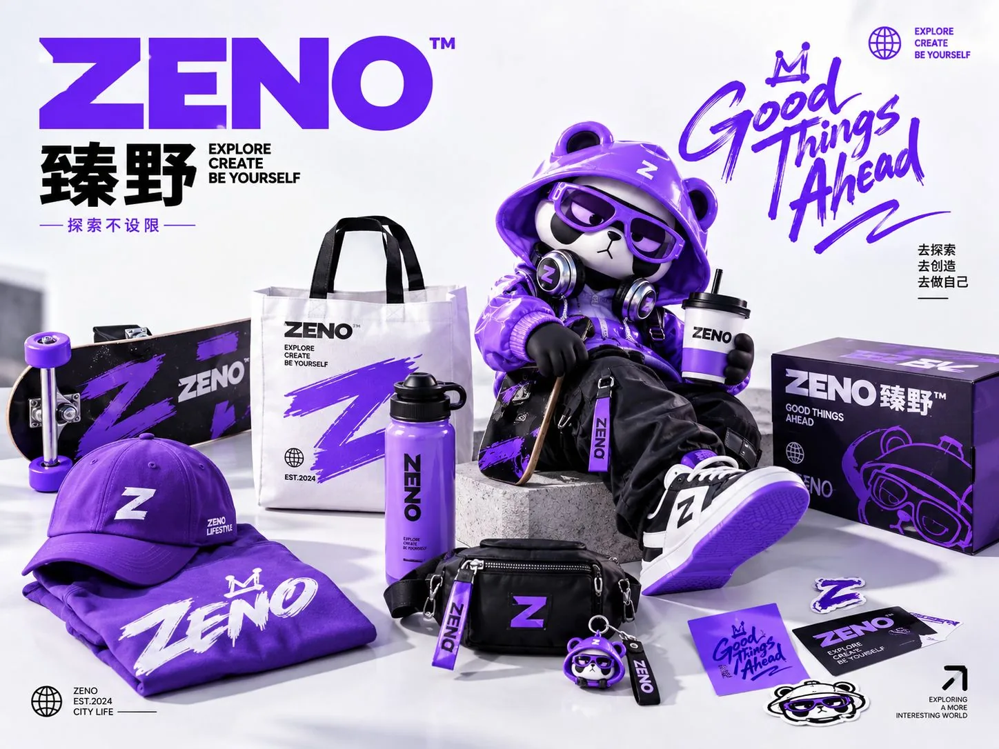 ZENO 臻野品牌周边全景:滑板、帆布袋、帽饰、水壶、挎包、挂件与贴纸