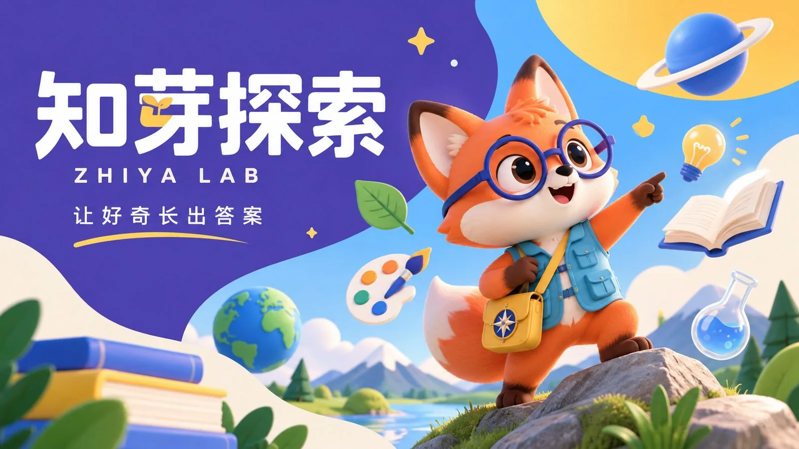 知芽探索 ZHIYA LAB 品牌主视觉「让好奇长出答案」，狐狸 IP 在山石上眺望