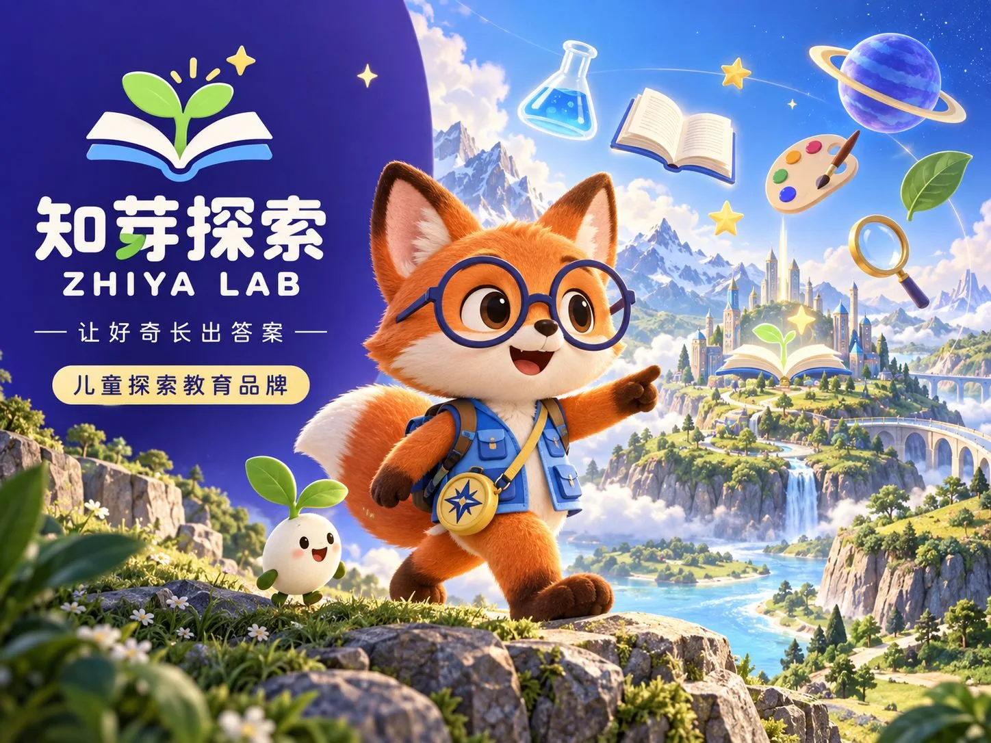 知芽探索品牌世界观主图:狐狸 IP 与书本城堡探索场景