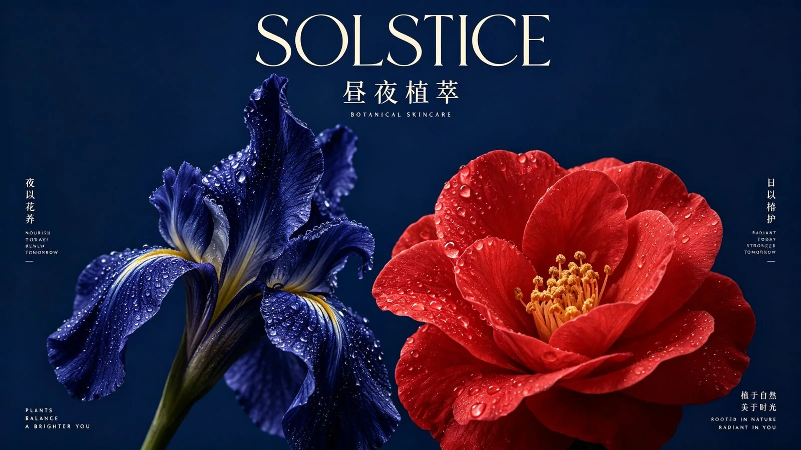 SOLSTICE 昼夜植萃品牌主视觉，蓝色鸢尾与红色山茶花