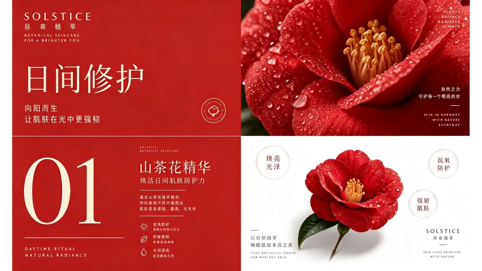 SOLSTICE 日间系列山茶花精华版式与功效图标