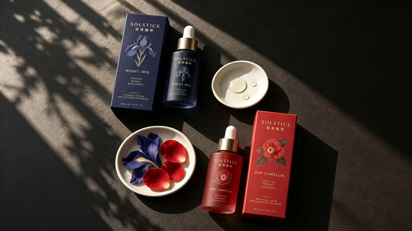 SOLSTICE 暗调俯拍日夜产品与花瓣道具